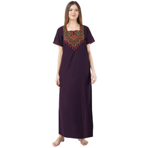 VALENCIA SLEEPWEAR Cotton LizzyBizzy Embroidery Nighty Nightwear Maxi Nightgown Plain Wine