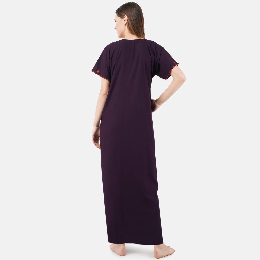 VALENCIA SLEEPWEAR Cotton LizzyBizzy Embroidery Nighty Nightwear Maxi Nightgown Plain Wine