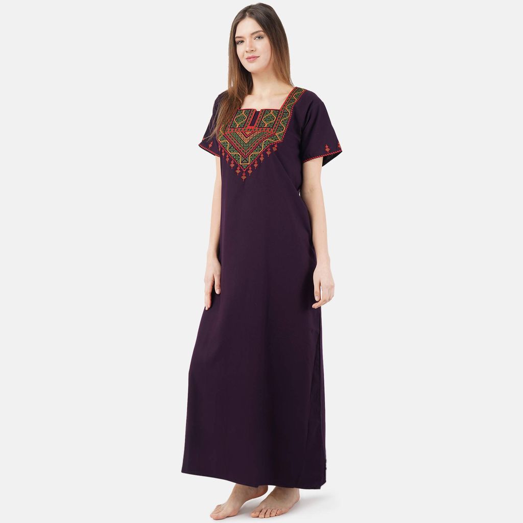 VALENCIA SLEEPWEAR Cotton LizzyBizzy Embroidery Nighty Nightwear Maxi Nightgown Plain Wine