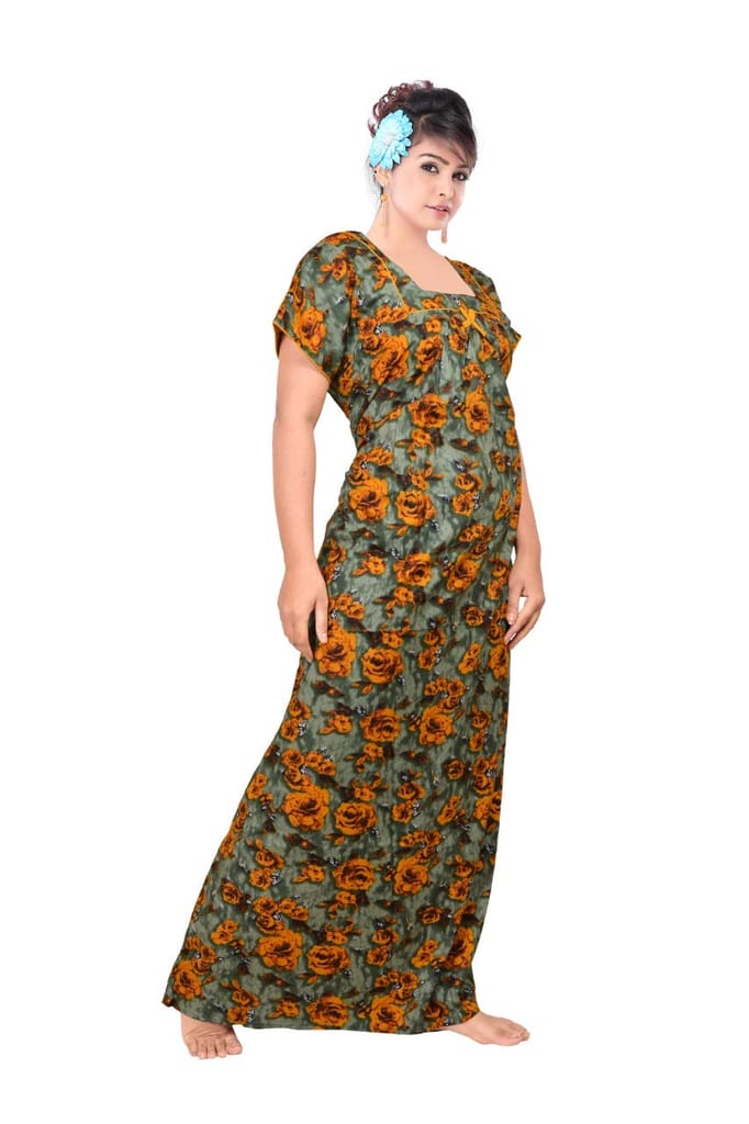 VALENCIA SLEEPWEAR Pure Cotton Printed Squre Neck Nightgown Nighty with Pleades for Extra Comfort