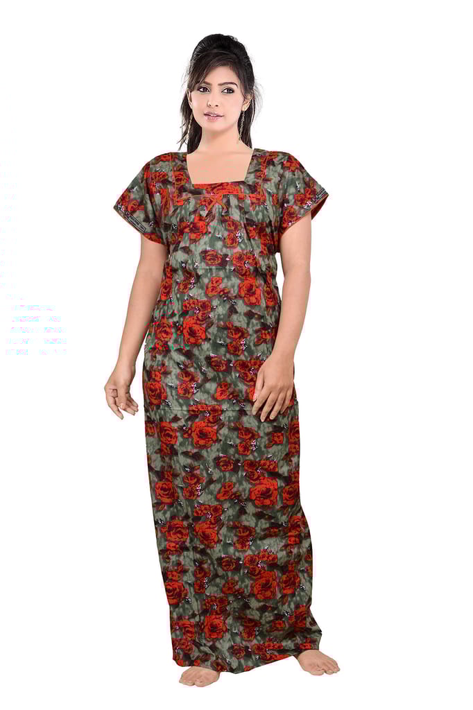 VALENCIA SLEEPWEAR Pure Cotton Printed Squre Neck Nightgown Nighty with Pleades for Extra Comfort