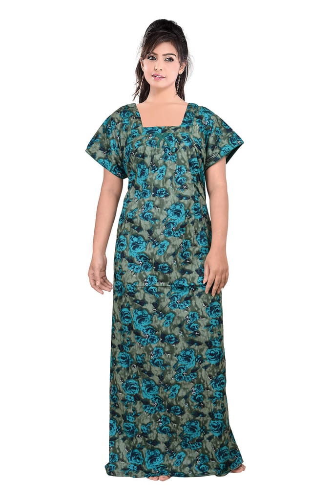 VALENCIA SLEEPWEAR Pure Cotton Printed Squre Neck Nightgown Nighty with Pleades for Extra Comfort