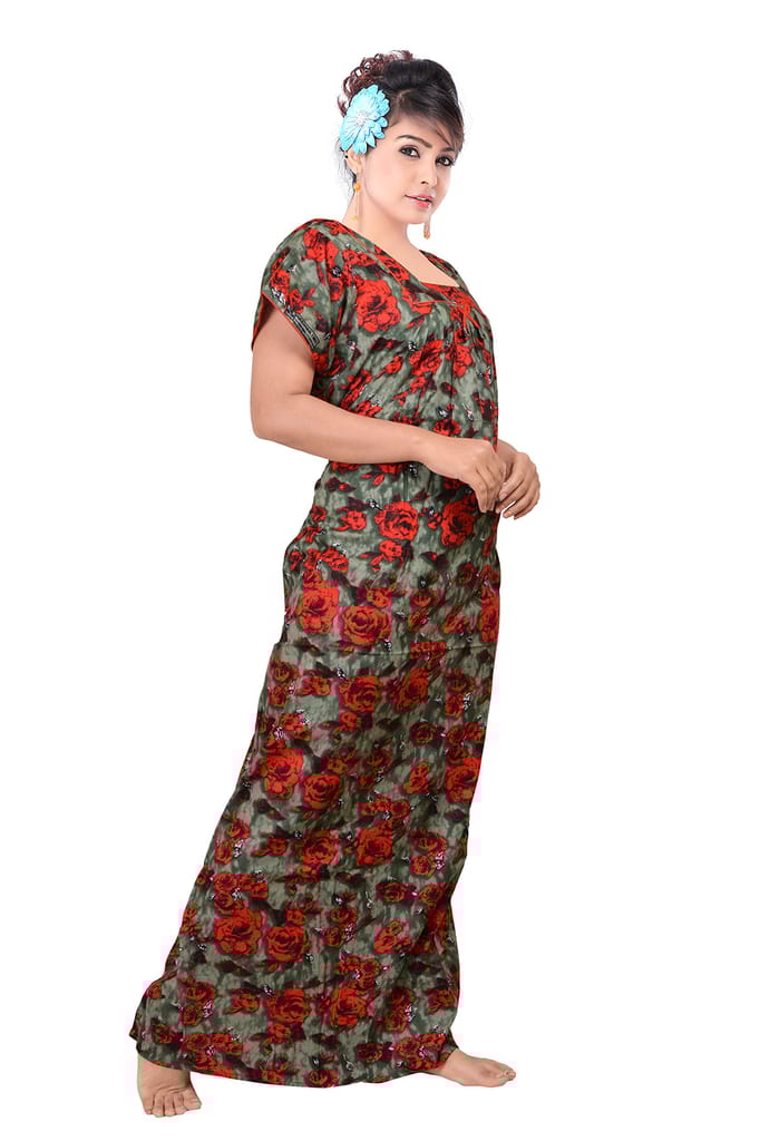 VALENCIA SLEEPWEAR Pure Cotton Printed Squre Neck Nightgown Nighty with Pleades for Extra Comfort