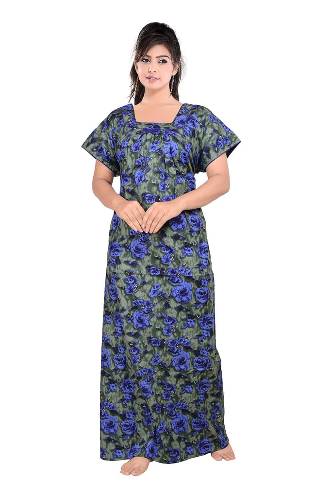 VALENCIA SLEEPWEAR Pure Cotton Printed Squre Neck Nightgown Nighty with Pleades for Extra Comfort