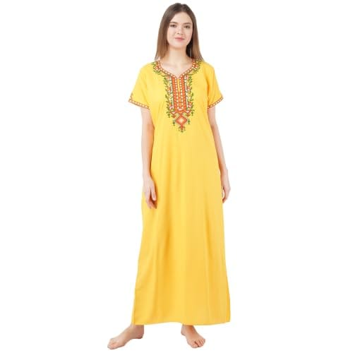 KOI SLEEPWEAR Women's Cotton Blend Embroidered Maxi Night Gown (Free Size)