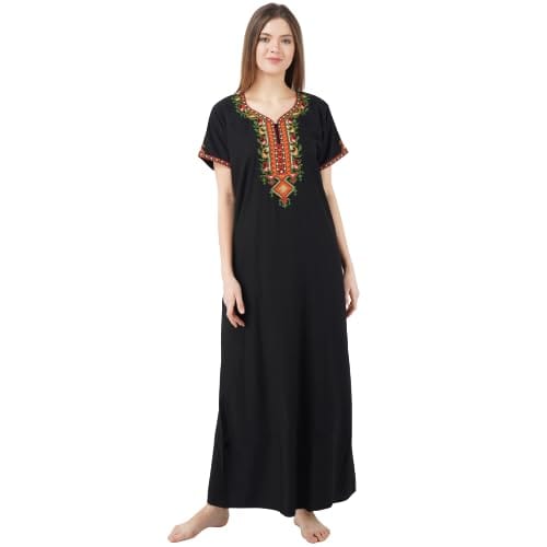 KOI SLEEPWEAR Women's Cotton Blend Embroidered Maxi Night Gown (Free Size)