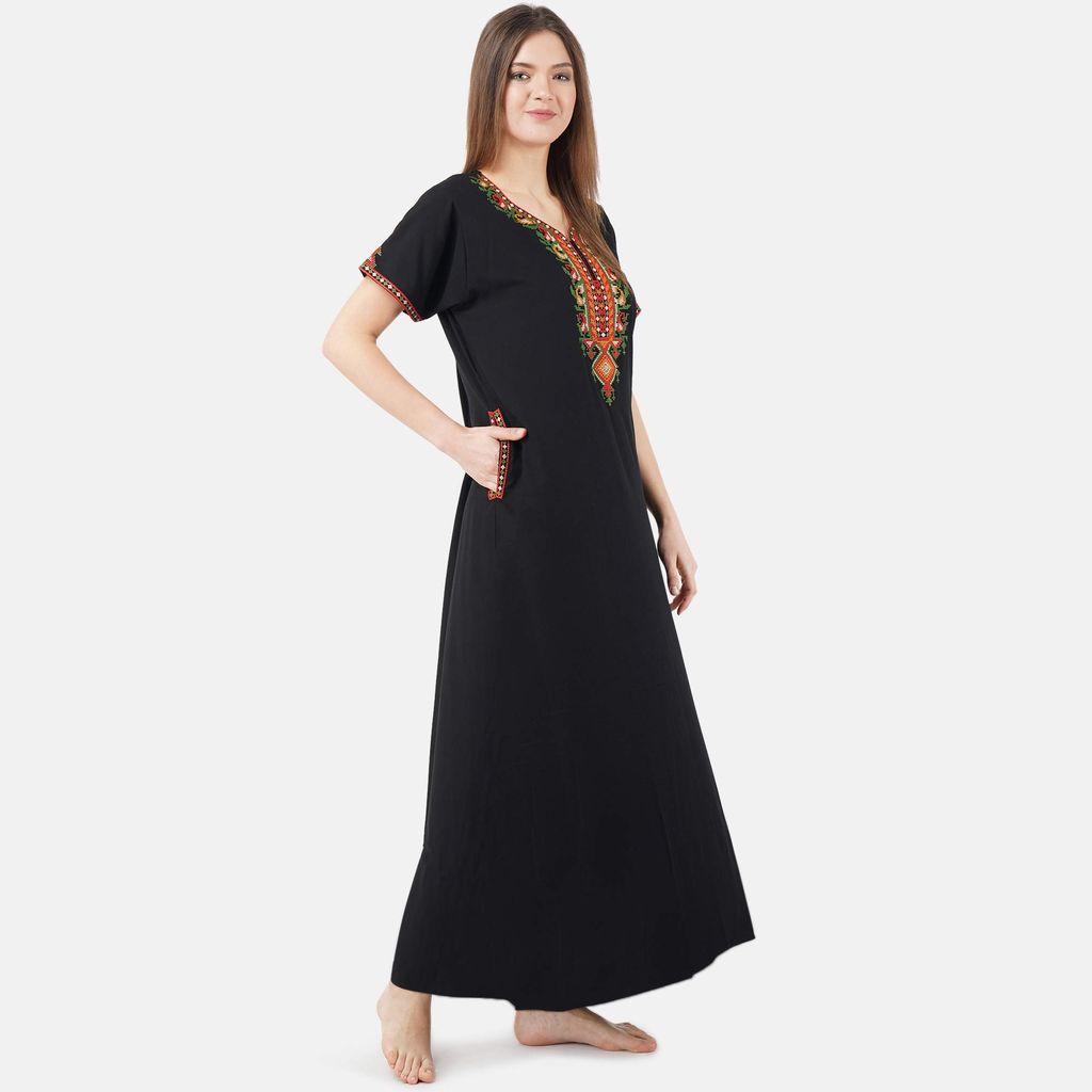 KOI SLEEPWEAR Women's Cotton Blend Embroidered Maxi Night Gown (Free Size)