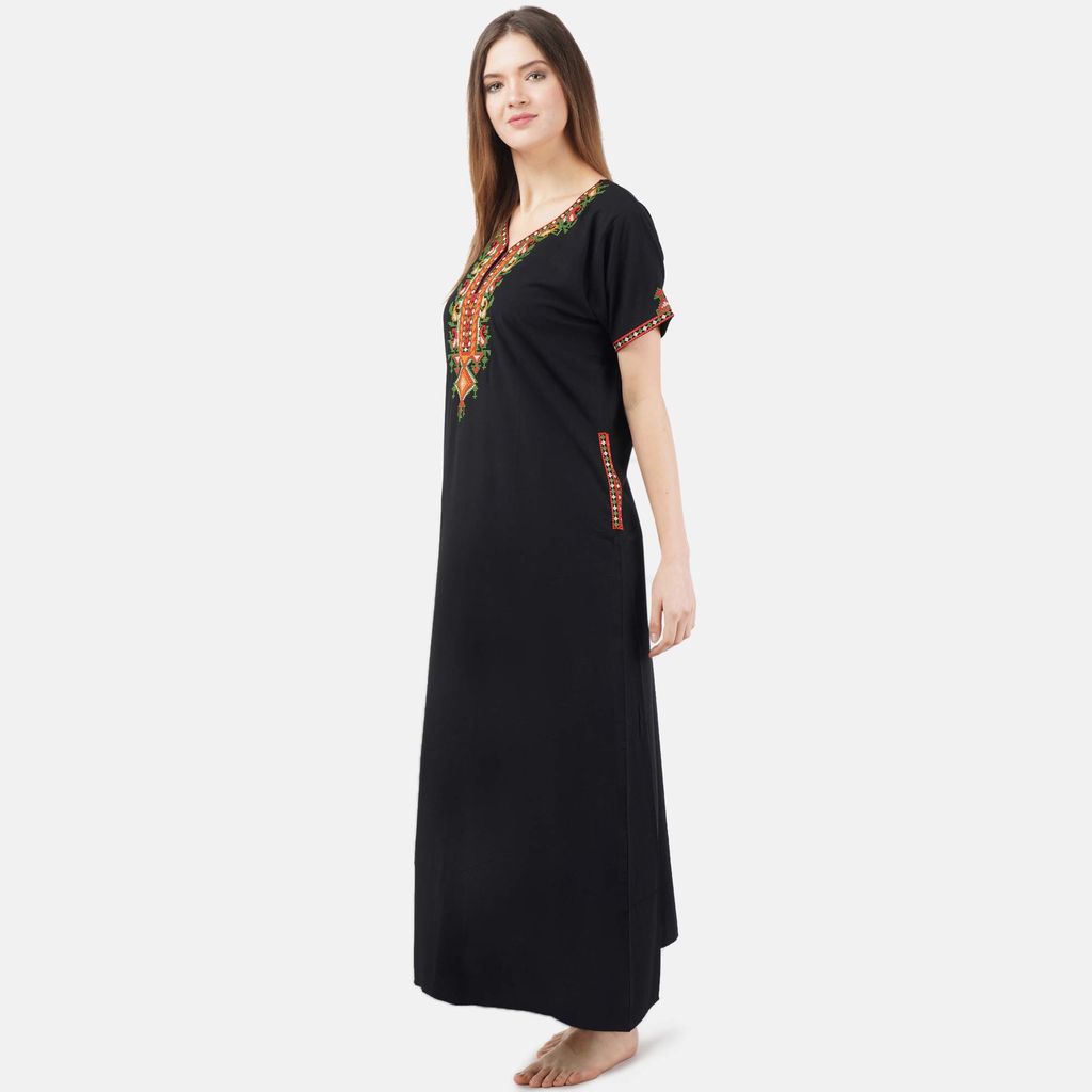 KOI SLEEPWEAR Women's Cotton Blend Embroidered Maxi Night Gown (Free Size)
