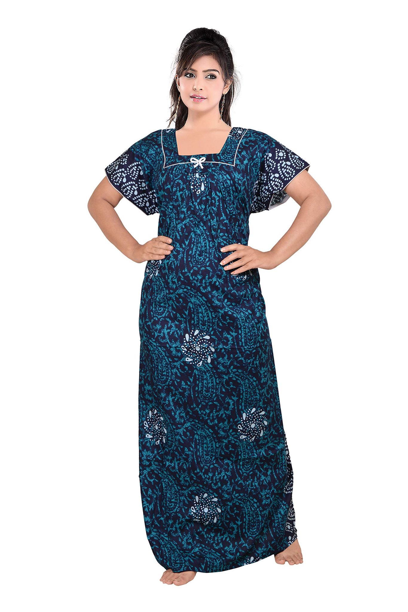 VALENCIA SLEEPWEAR Pure Cotton Printed Square Neck Batik Nightgown Nighty with Pleades for Extra Comfort