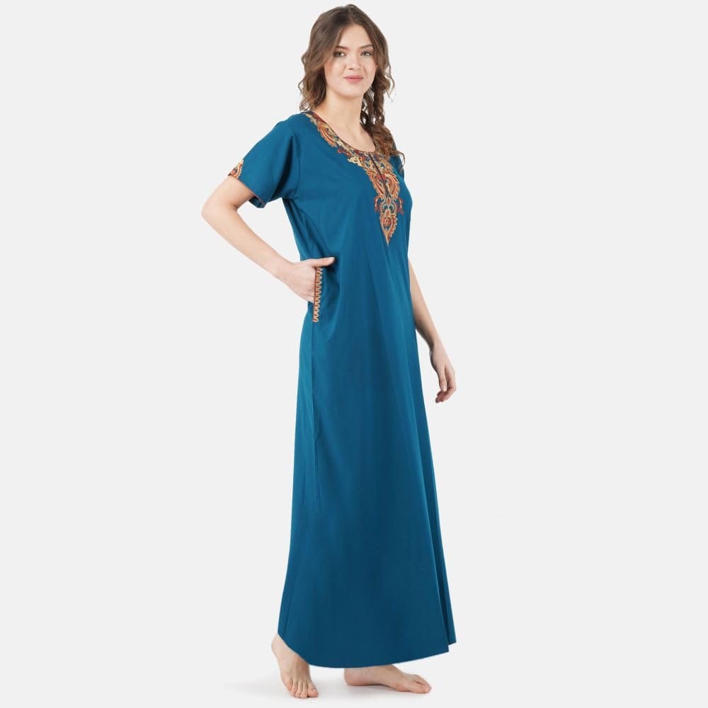 KOI SLEEPWEAR Women's Cotton Blend Embroidered Maxi Nightgown (Free Size)