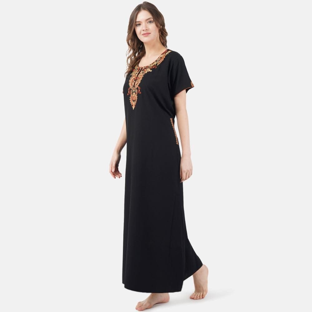 KOI SLEEPWEAR Women's Cotton Blend Embroidered Maxi Nightgown (Free Size)