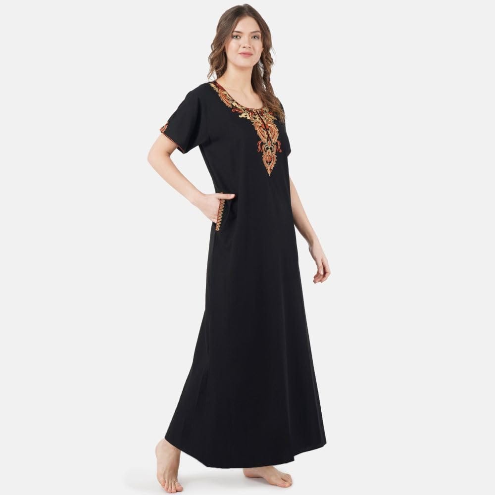 KOI SLEEPWEAR Women's Cotton Blend Embroidered Maxi Nightgown (Free Size)