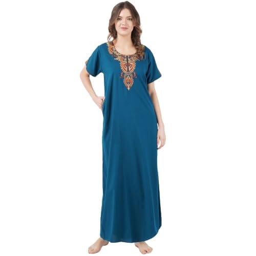 KOI SLEEPWEAR Women's Cotton Blend Embroidered Maxi Nightgown (Free Size)