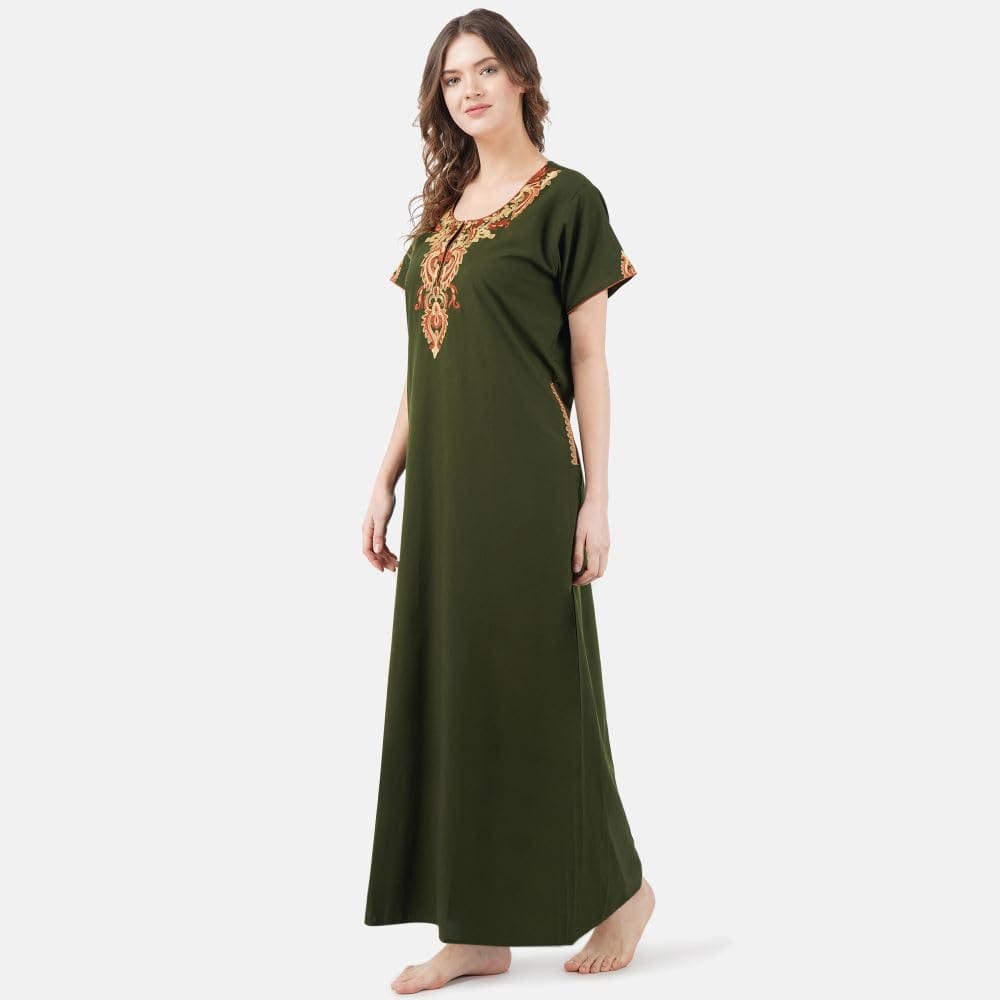 KOI SLEEPWEAR Women's Cotton Blend Embroidered Maxi Nightgown (Free Size)