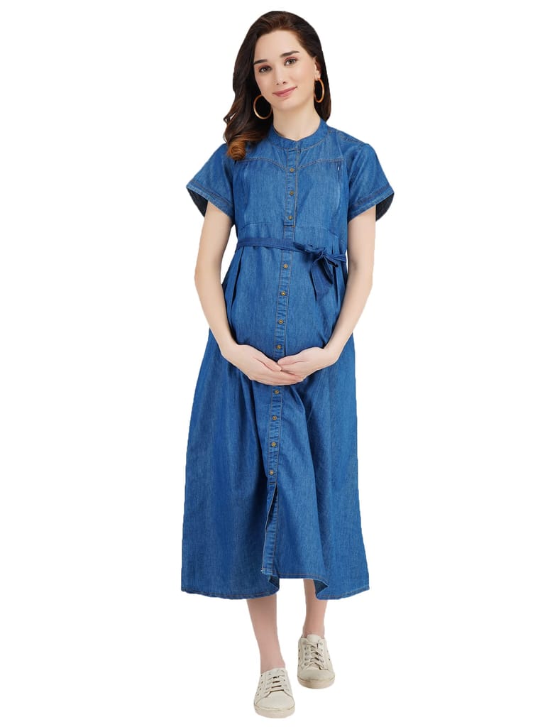KOI SLEEPWEAR Women's Denim Maternity Breastfeeding Gown Dress with Feeding Pocket Maxi Night Gown for Pregnant Women