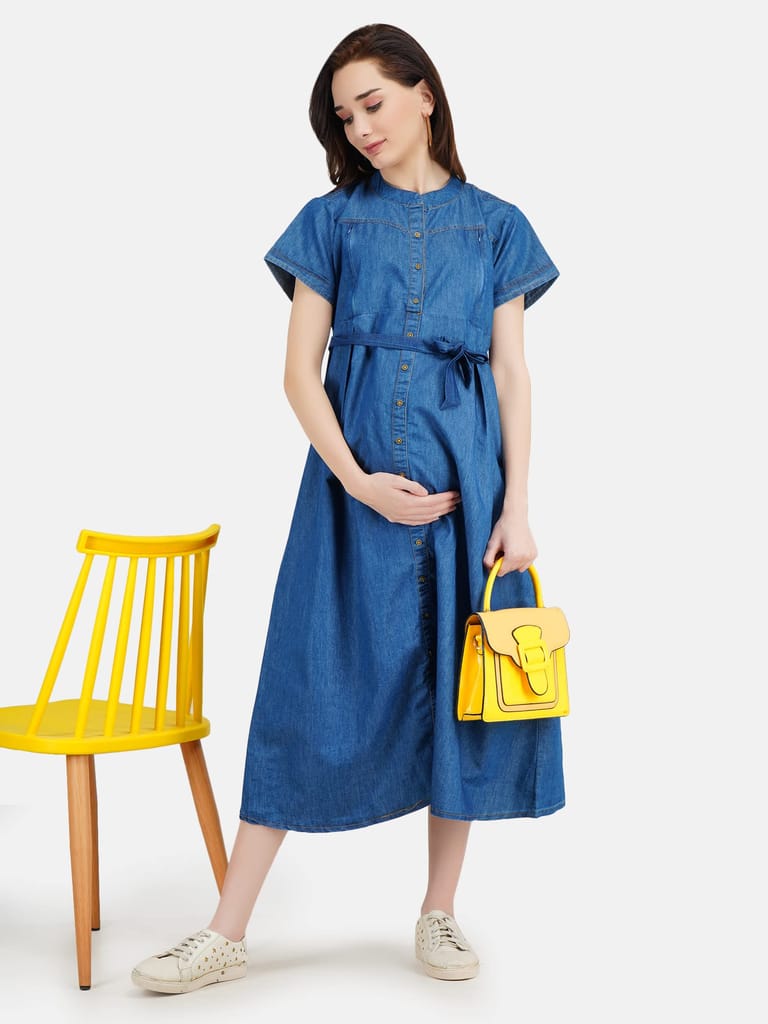 KOI SLEEPWEAR Women's Denim Maternity Breastfeeding Gown Dress with Feeding Pocket Maxi Night Gown for Pregnant Women