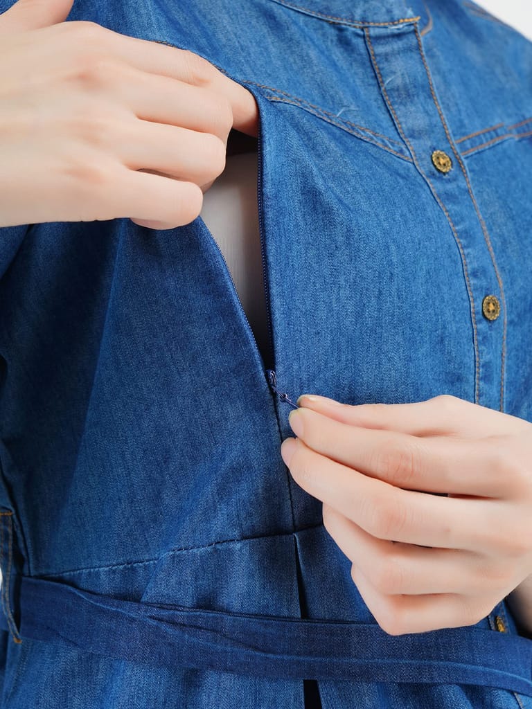 KOI SLEEPWEAR Women's Denim Maternity Breastfeeding Gown Dress with Feeding Pocket Maxi Night Gown for Pregnant Women