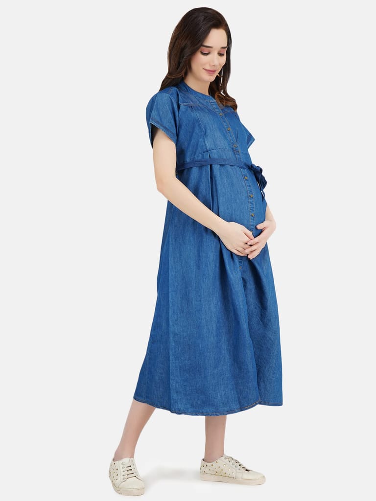 KOI SLEEPWEAR Women's Denim Maternity Breastfeeding Gown Dress with Feeding Pocket Maxi Night Gown for Pregnant Women