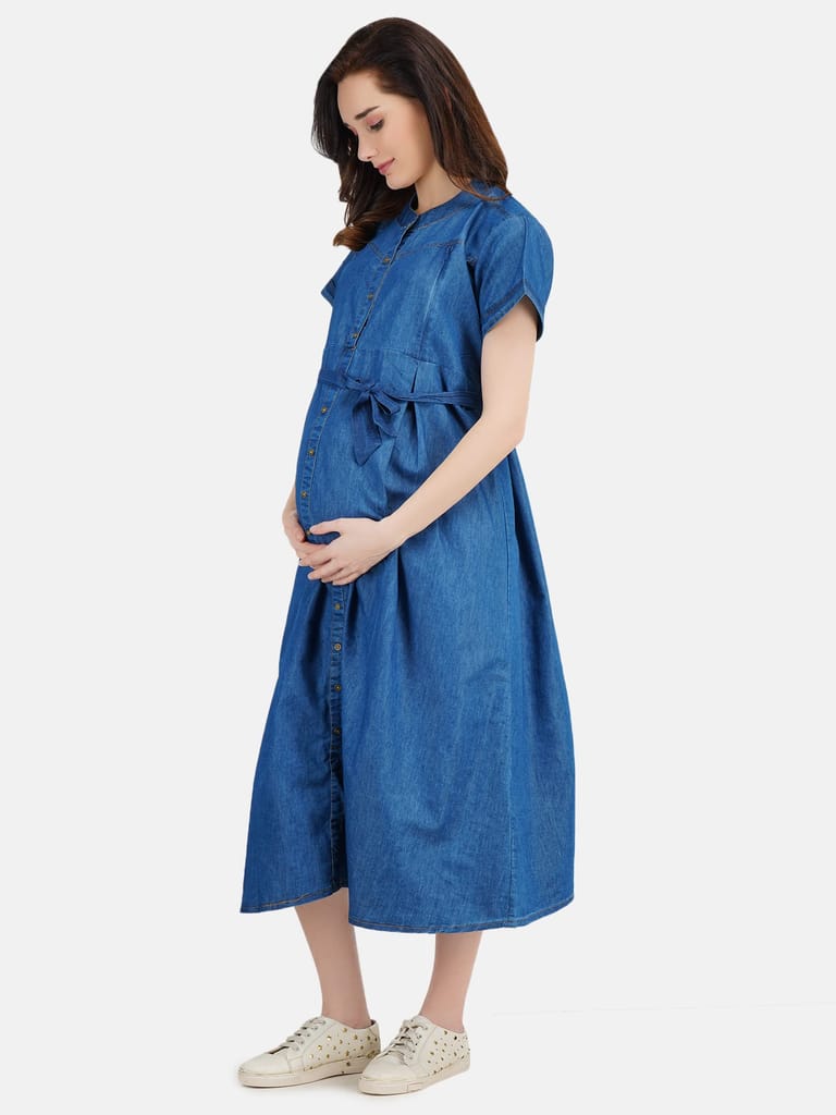 KOI SLEEPWEAR Women's Denim Maternity Breastfeeding Gown Dress with Feeding Pocket Maxi Night Gown for Pregnant Women