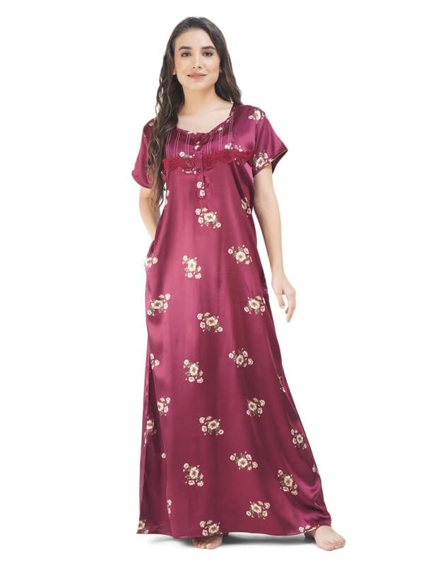 KOI SLEEPWEAR Satin Night Gown with Floral Print