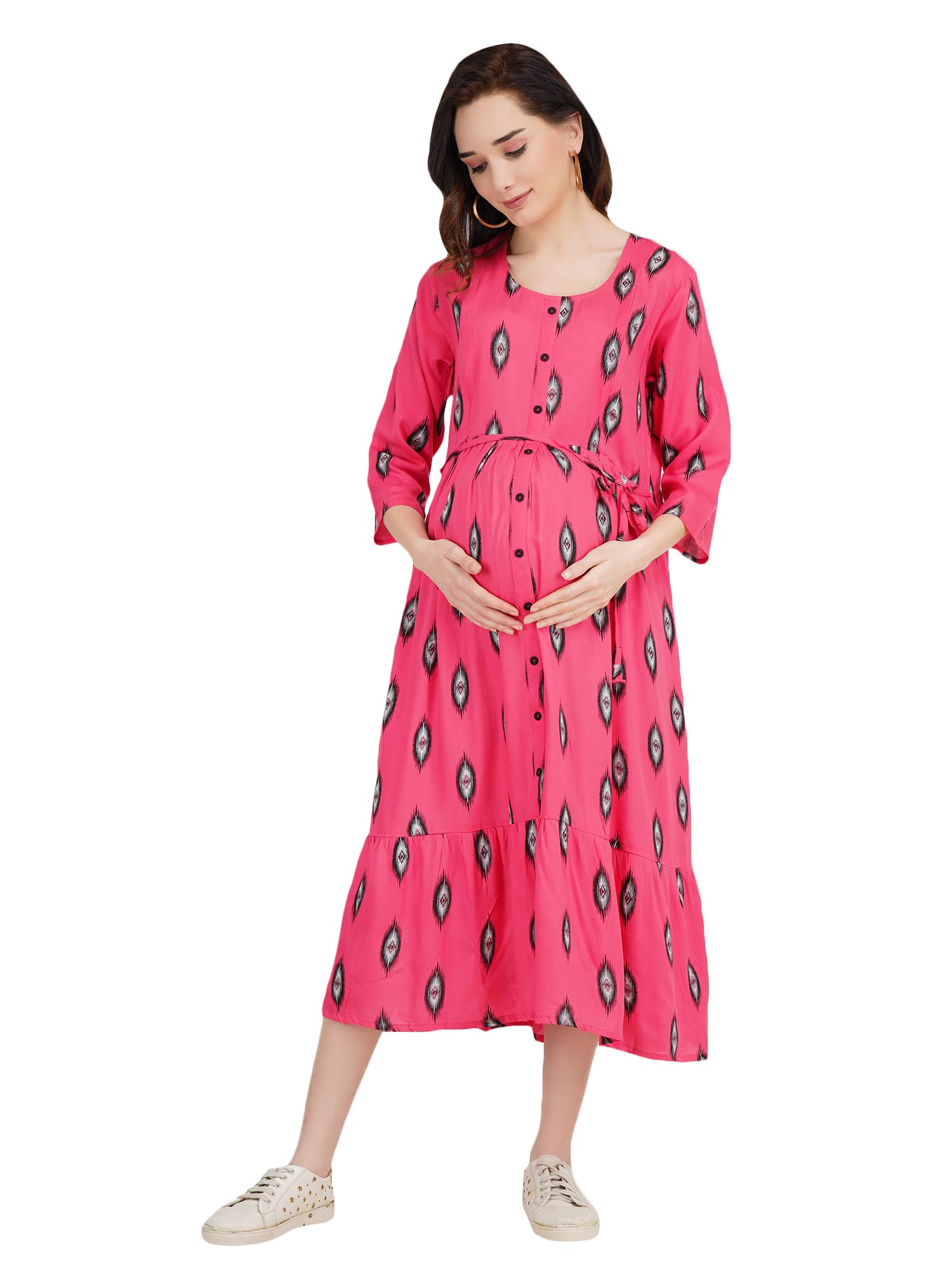 KOI SLEEPWEAR Women's Kiran Maternity Breastfeeding Gown Dress with Feeding Pocket Maxi Night Gown for Pregnant Women - Pink