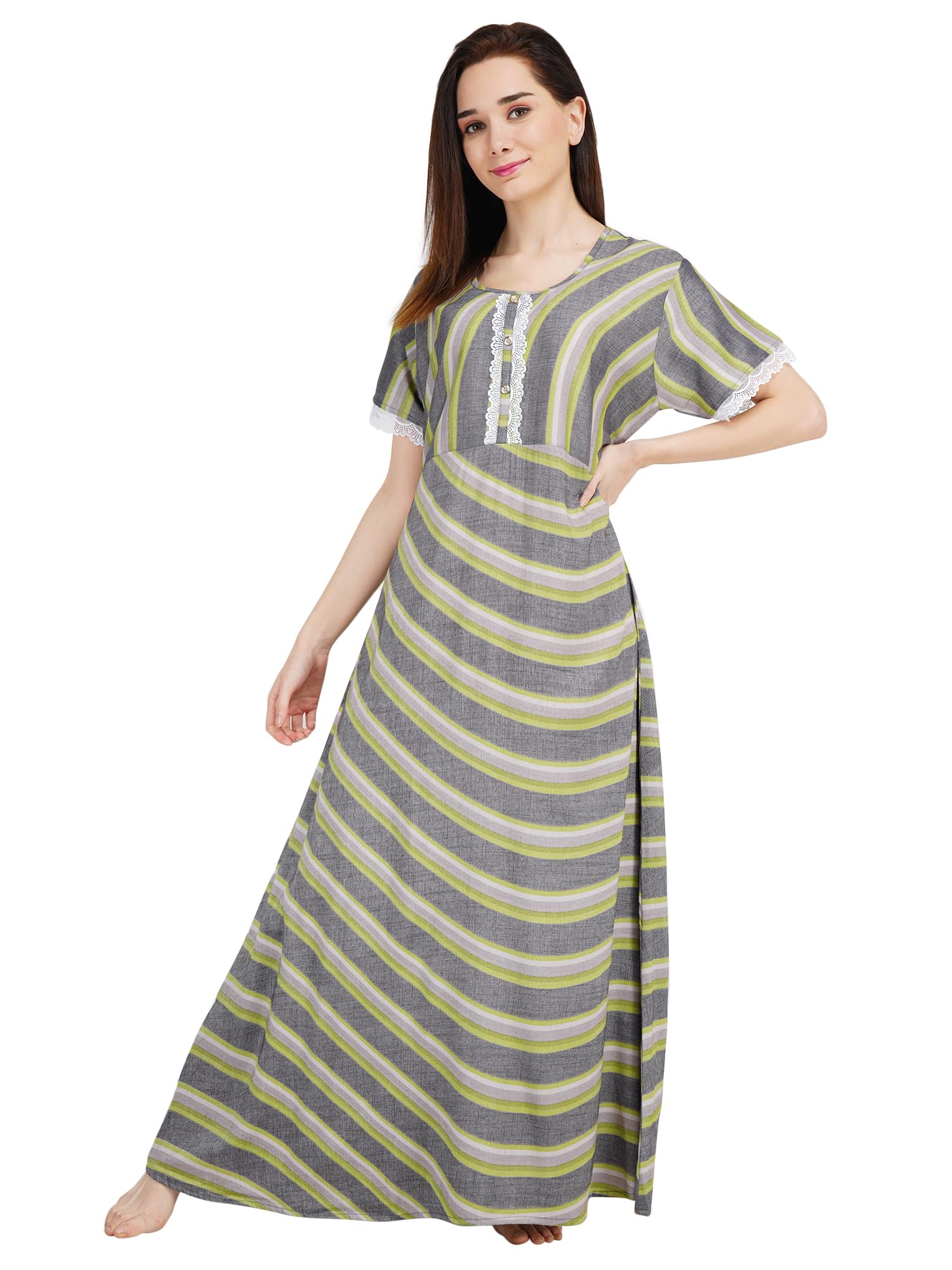 KOI SLEEPWEAR Women's White Lace Frock/Maxi Night Gown for Women - Green Grey