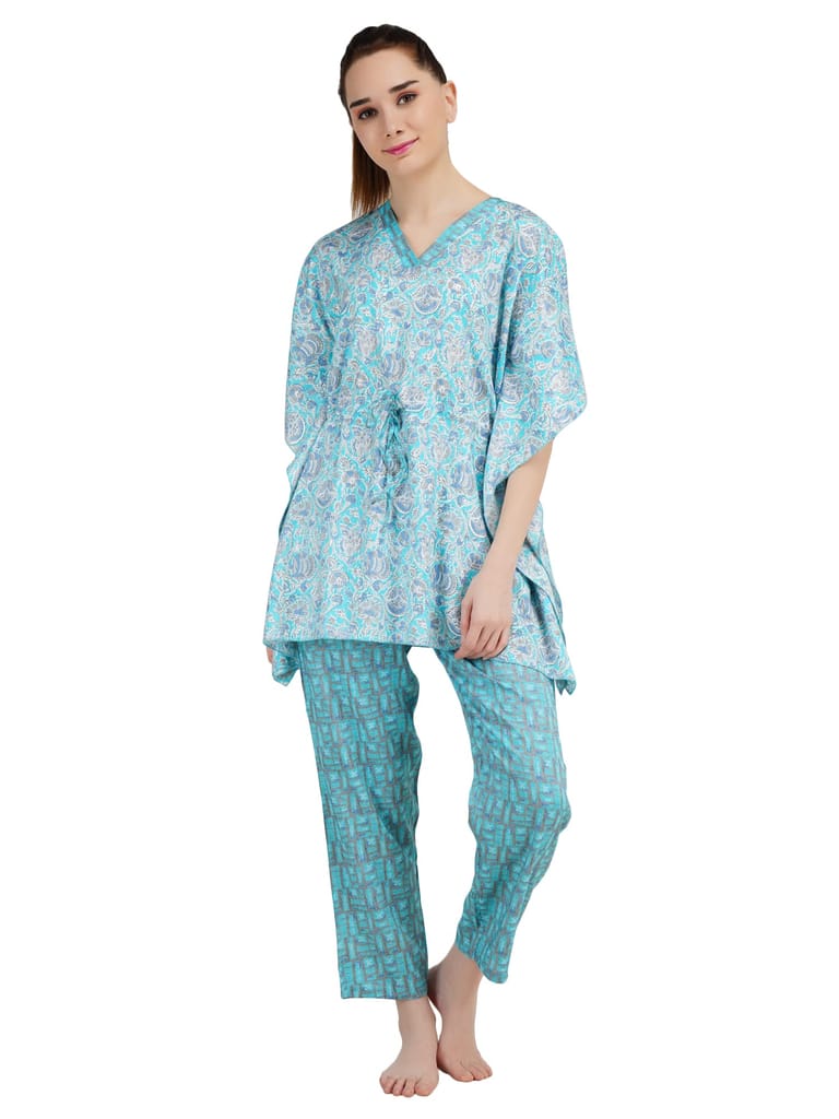 KOI SLEEPWEAR Women's Printed Rayon Chinese Collor Top & Pyjama Night Suit Lounge Wear