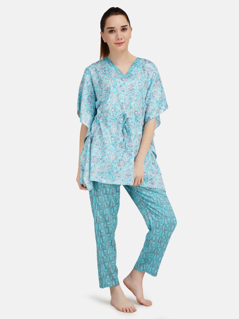 KOI SLEEPWEAR Women's Printed Rayon Chinese Collor Top & Pyjama Night Suit Lounge Wear