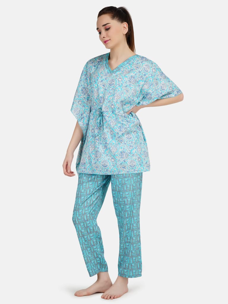 KOI SLEEPWEAR Women's Printed Rayon Chinese Collor Top & Pyjama Night Suit Lounge Wear