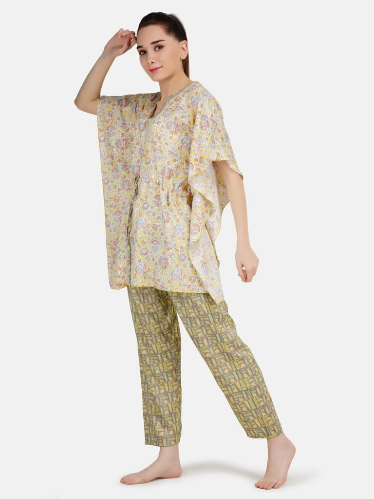 KOI SLEEPWEAR Women's Printed Rayon Chinese Collor Top & Pyjama Night Suit Lounge Wear