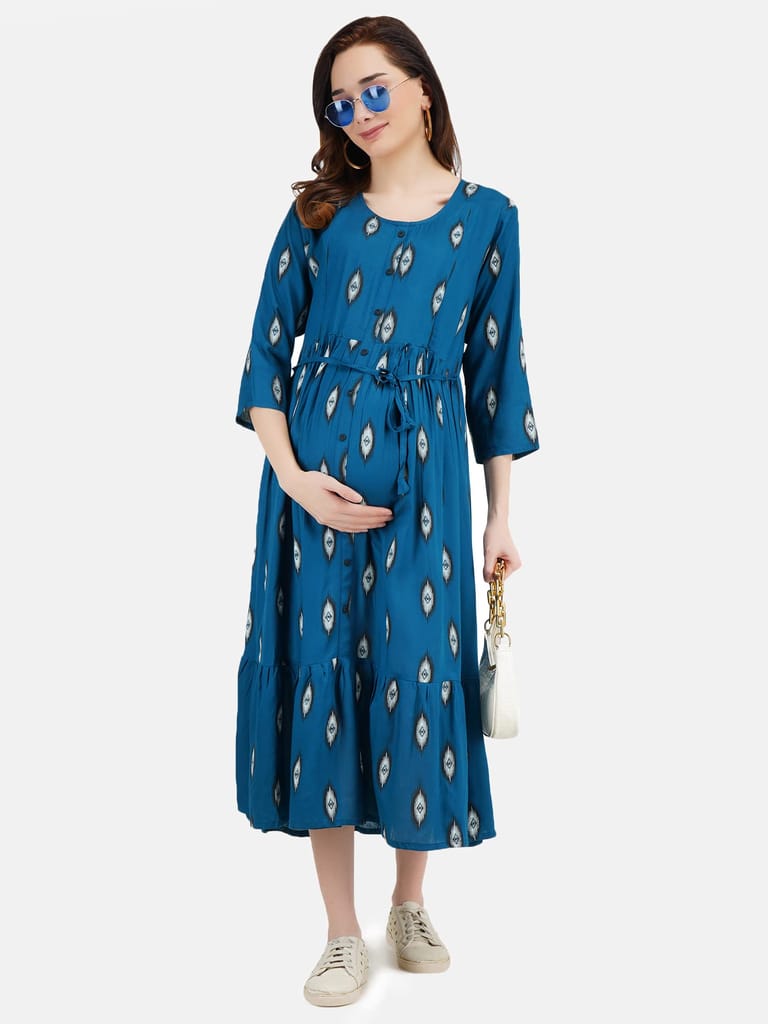 KOI SLEEPWEAR Women's Kiran Maternity Breastfeeding Gown Dress with Feeding Pocket Maxi Night Gown for Pregnant Women - Blue