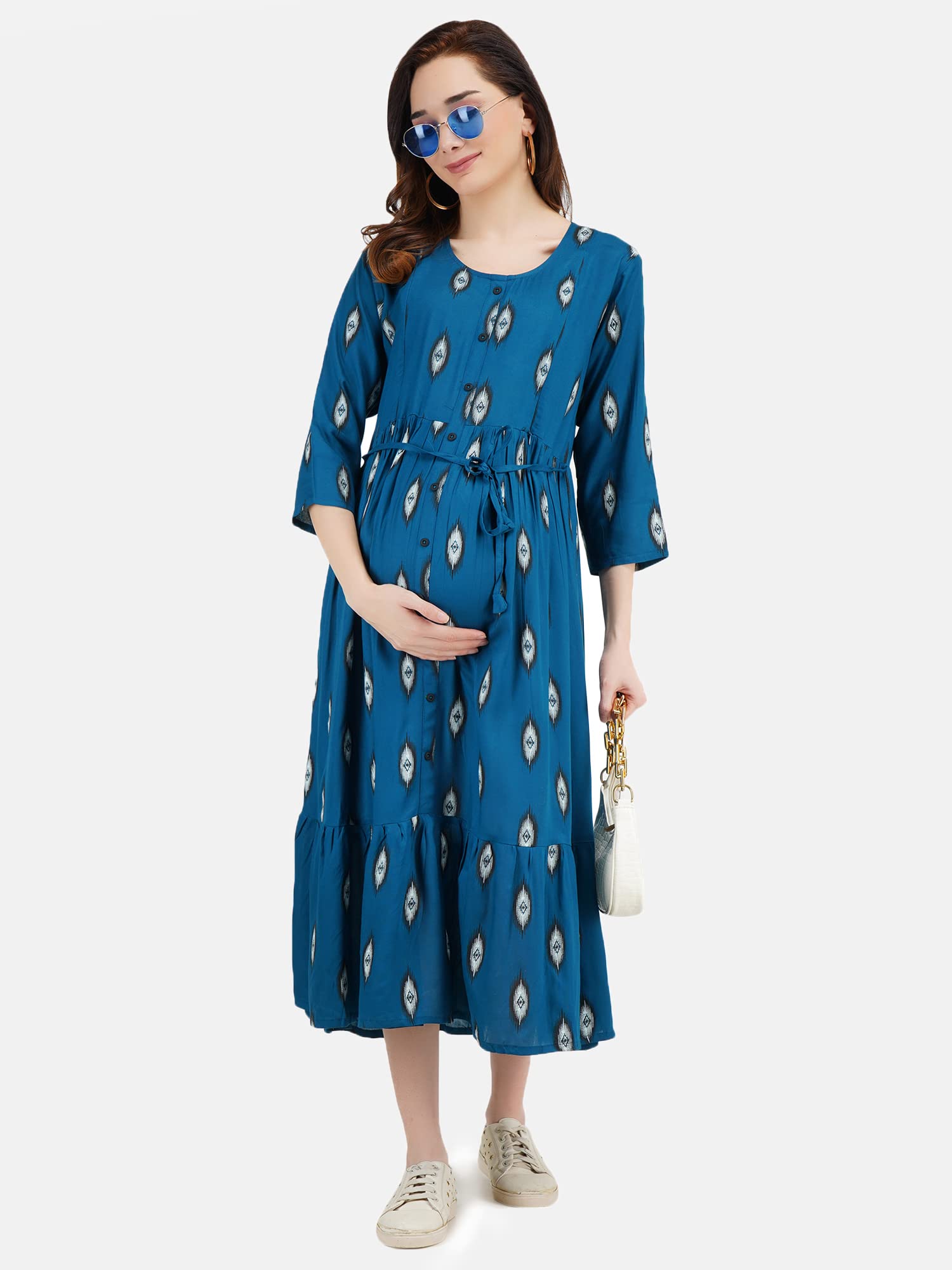KOI SLEEPWEAR Women's Kiran Maternity Breastfeeding Gown Dress with Feeding Pocket Maxi Night Gown for Pregnant Women - Blue