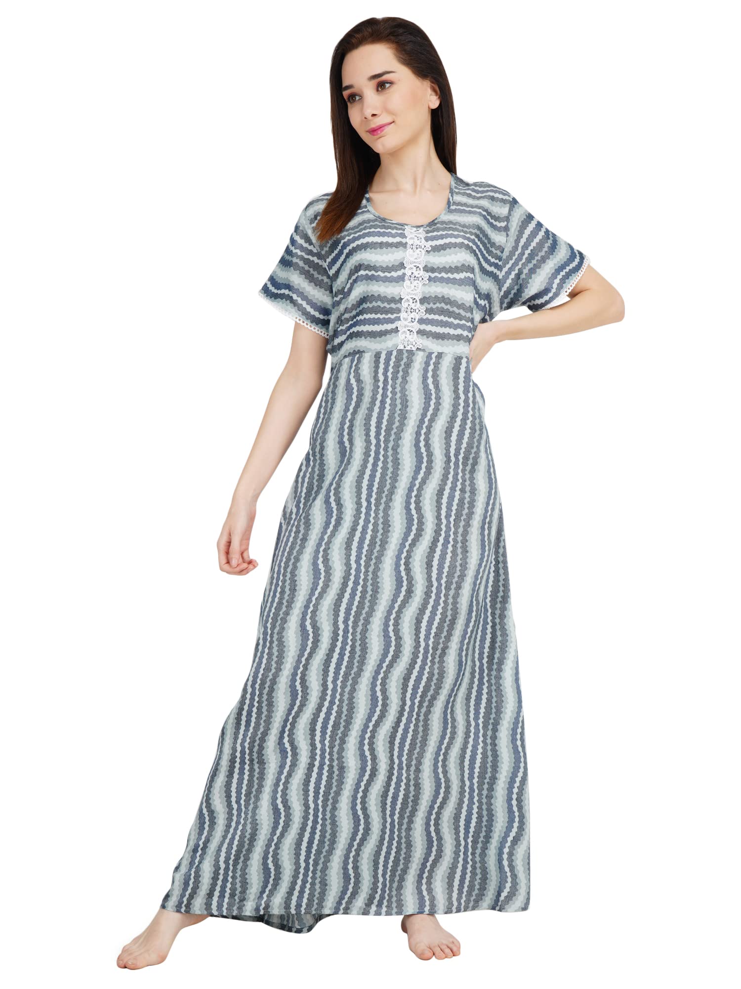 KOI SLEEPWEAR Women's White Lace Frock/Maxi Night Gown for Women - Light Blue