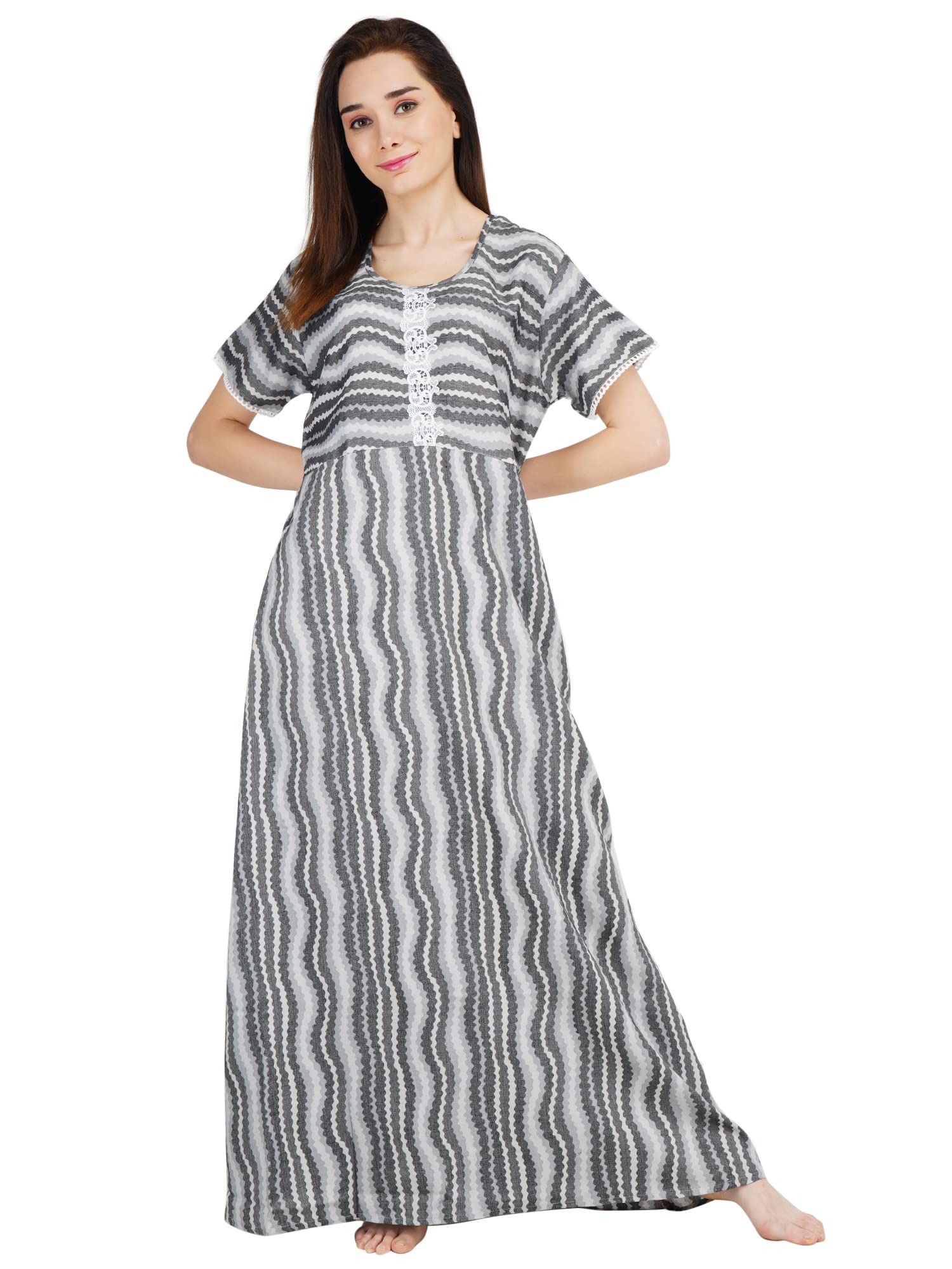 KOI SLEEPWEAR Women's White Lace Frock/Maxi Night Gown for Women - Light Grey
