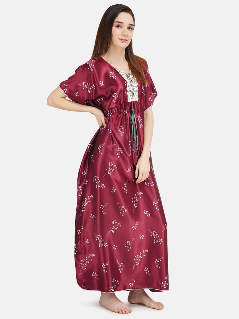 KOI SLEEPWEAR Women's Printed Satin Kaftan Gown/ Maxi Night Gown for Women - Wine