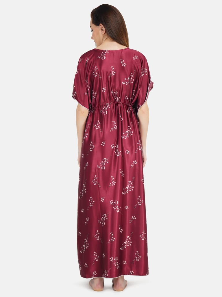 KOI SLEEPWEAR Women's Printed Satin Kaftan Gown/ Maxi Night Gown for Women - Wine