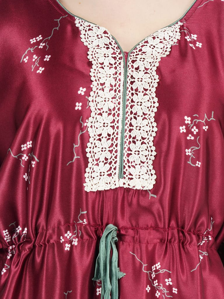 KOI SLEEPWEAR Women's Printed Satin Kaftan Gown/ Maxi Night Gown for Women - Wine