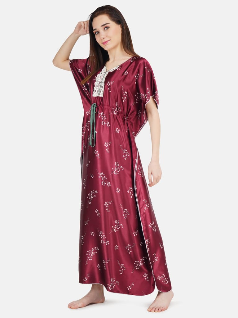 KOI SLEEPWEAR Women's Printed Satin Kaftan Gown/ Maxi Night Gown for Women - Wine
