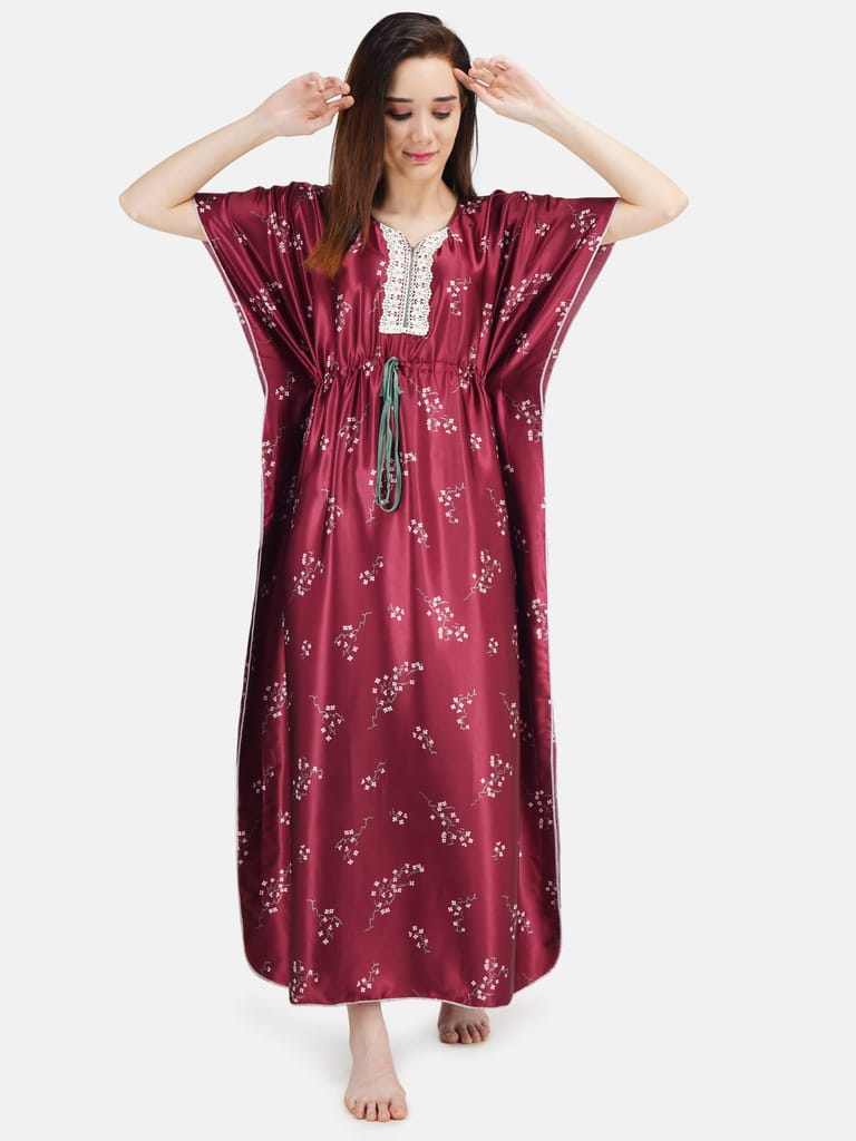 KOI SLEEPWEAR Women's Printed Satin Kaftan Gown/ Maxi Night Gown for Women - Wine