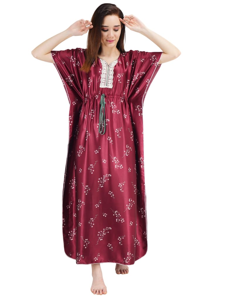 KOI SLEEPWEAR Women's Printed Satin Kaftan Gown/ Maxi Night Gown for Women - Maroon - Nightwear & Loungewear | Buy online on ZillyBuy