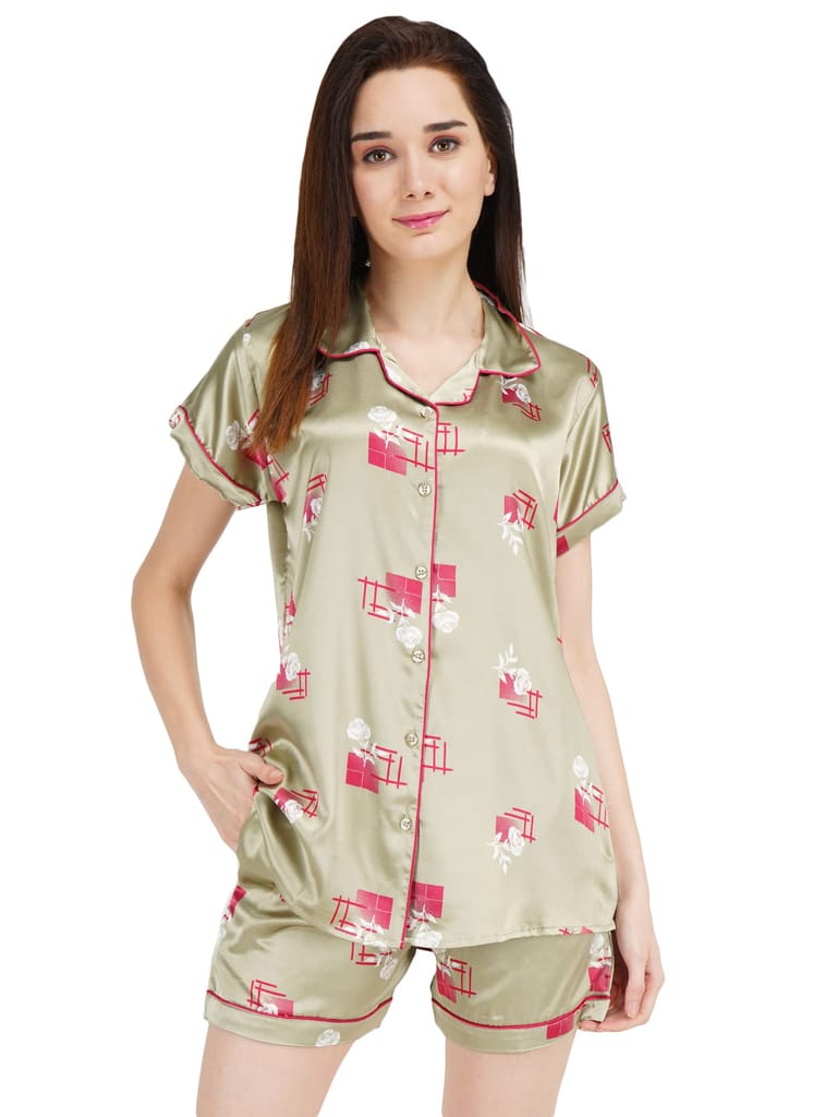 KOI SLEEPWEAR Women Satin Short Nightsuit Set - Rose Olive Green - Nightwear & Loungewear | Buy online on ZillyBuy