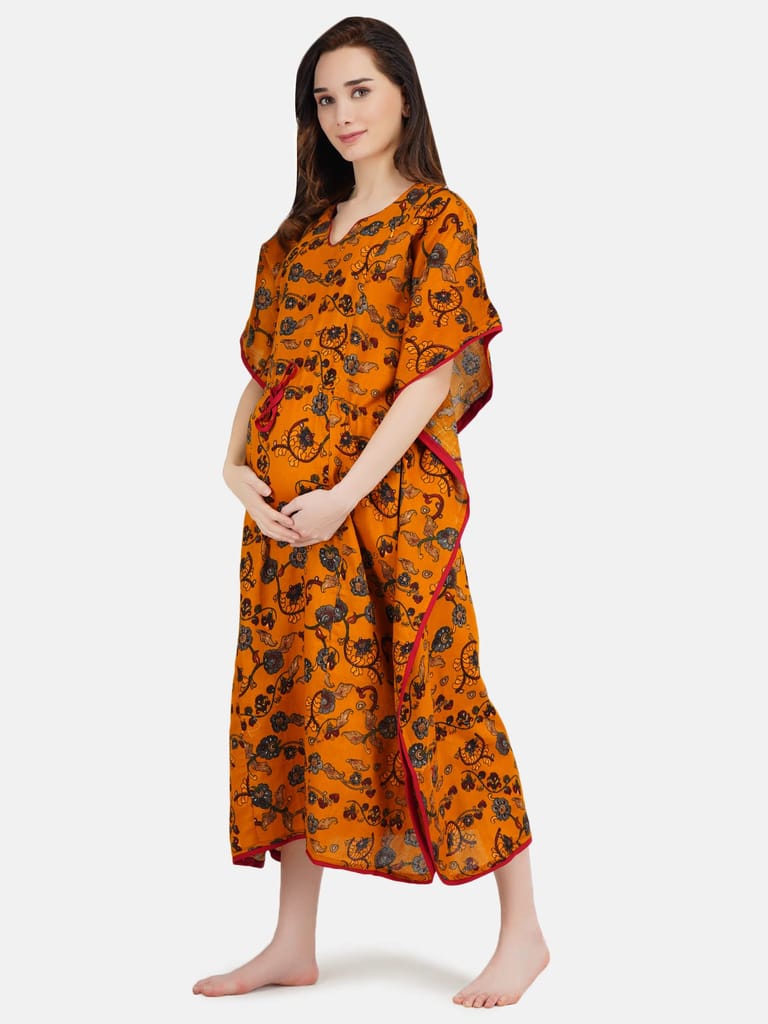 KOI SLEEPWEAR Women's Silk Maternity Kaftan Breastfeeding Gown Dress with Feeding Pocket Maxi Night Gown for Pregnant Women - Mustard