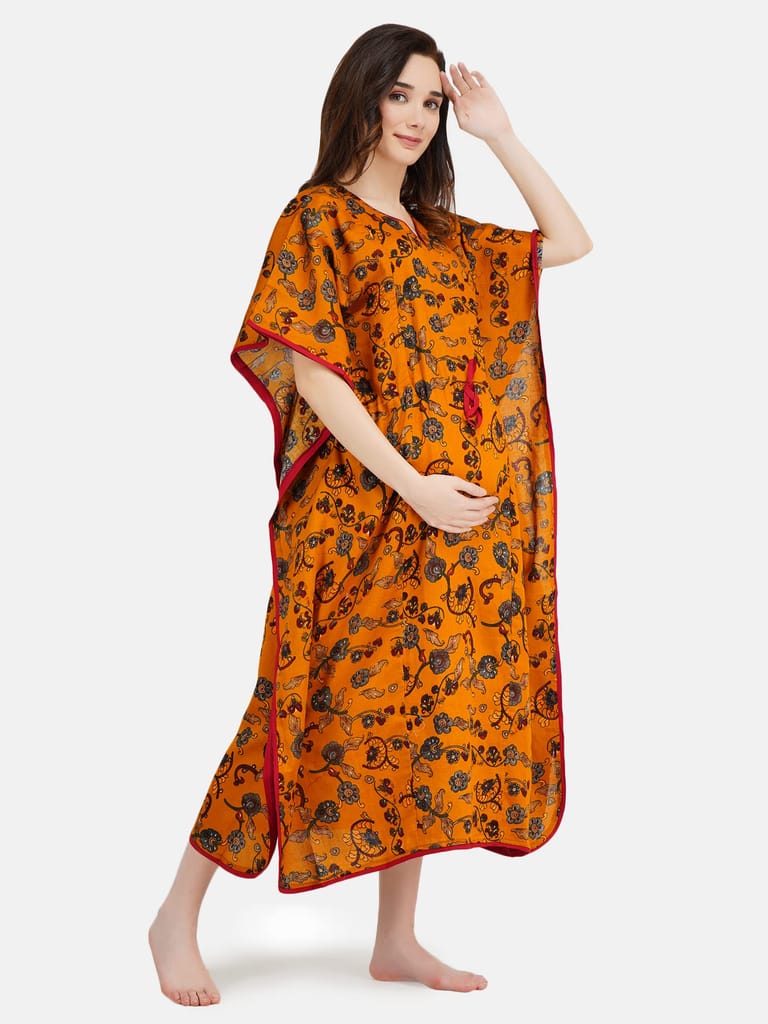 KOI SLEEPWEAR Women's Silk Maternity Kaftan Breastfeeding Gown Dress with Feeding Pocket Maxi Night Gown for Pregnant Women - Mustard