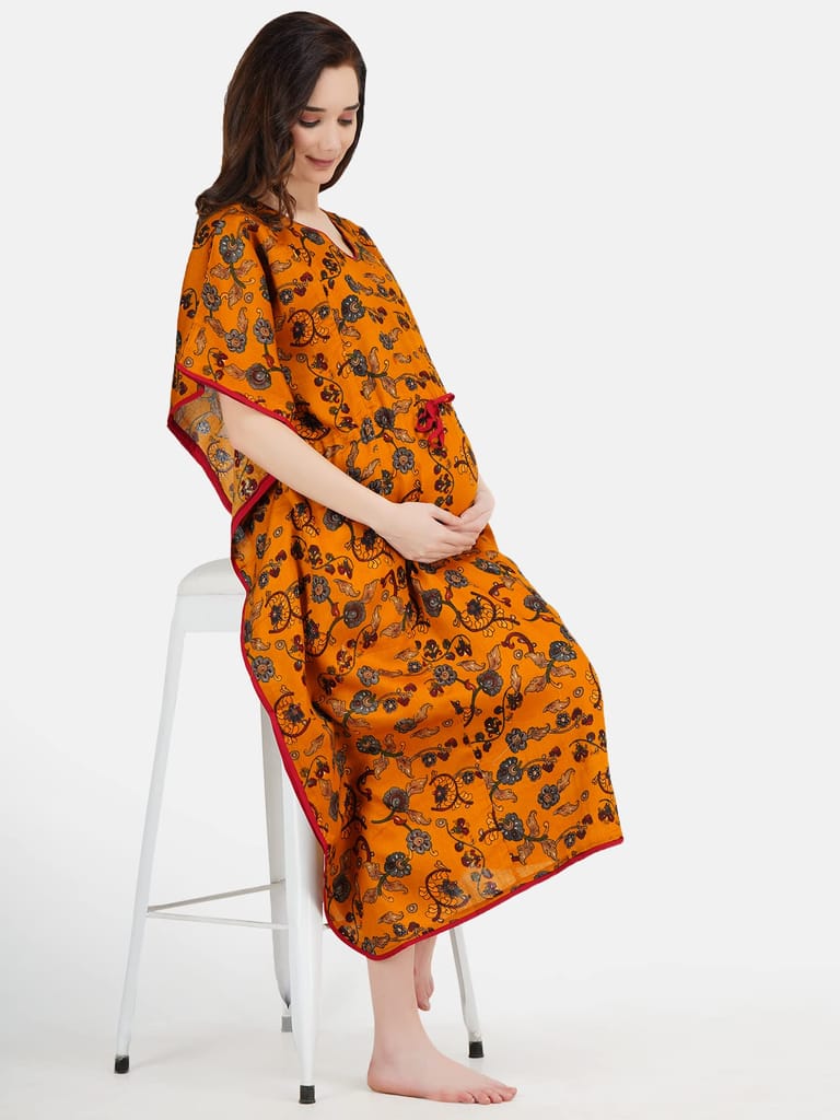 KOI SLEEPWEAR Women's Silk Maternity Kaftan Breastfeeding Gown Dress with Feeding Pocket Maxi Night Gown for Pregnant Women - Mustard