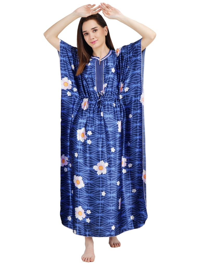 KOI SLEEPWEAR Women's Printed Satin Kaftan Gown/ Maxi Night Gown for Women - Navy Blue - Nightwear & Loungewear | Buy online on ZillyBuy
