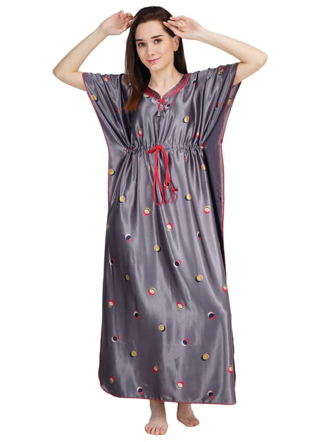 KOI SLEEPWEAR Women's Satin Kaftan Gown with Balls/ Maxi Night Gown for  Women - Grey