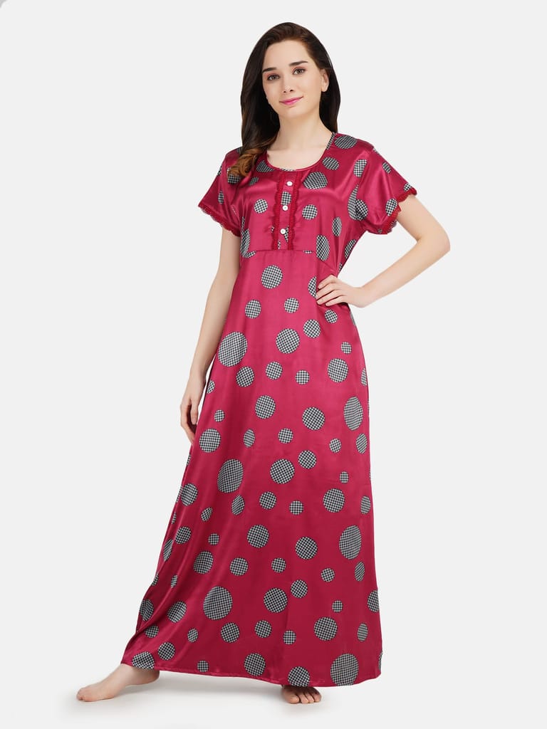 KOI SLEEPWEAR Women's Satin Nighty Frock Checks / Maxi Night Gown for Women - Maroon