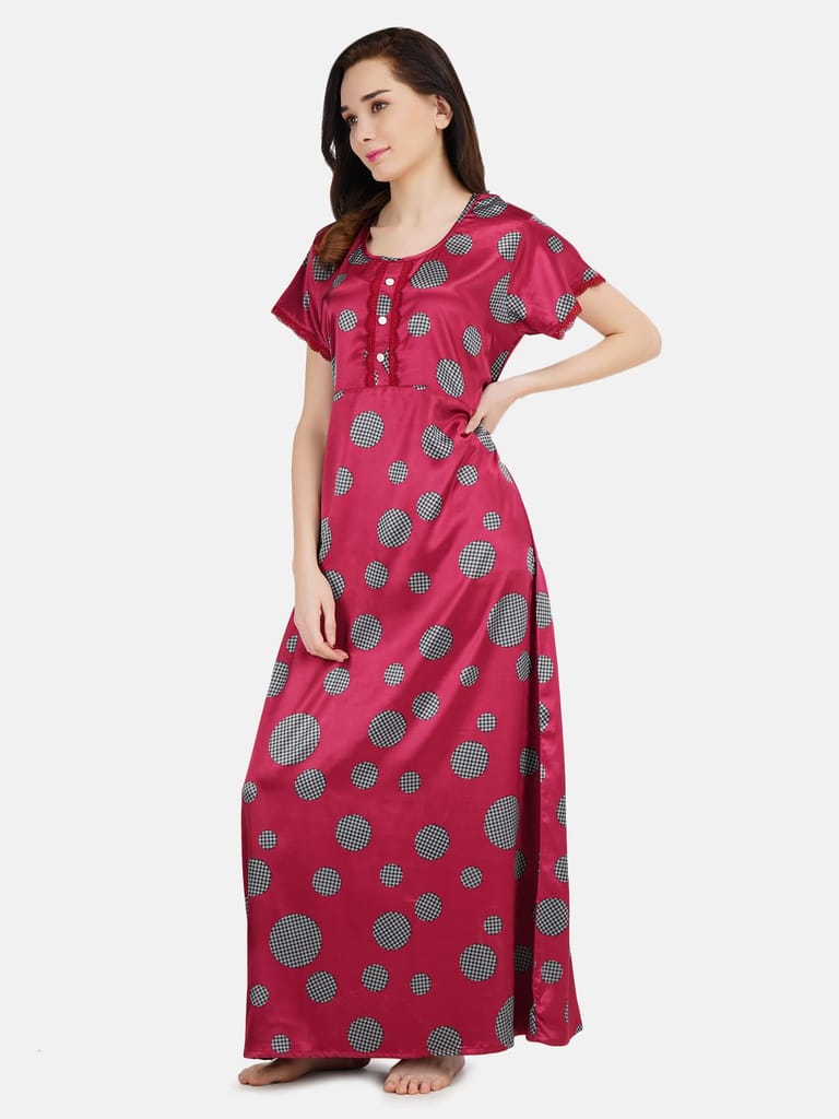 KOI SLEEPWEAR Women's Satin Nighty Frock Checks / Maxi Night Gown for Women - Maroon