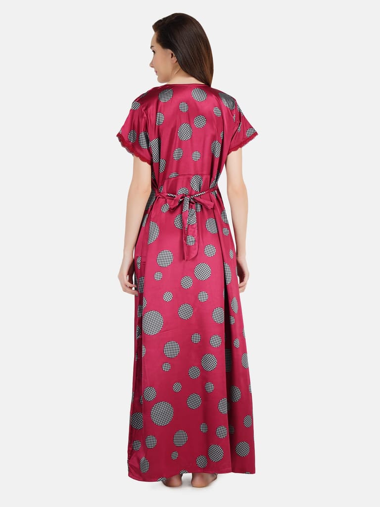 KOI SLEEPWEAR Women's Satin Nighty Frock Checks / Maxi Night Gown for Women - Maroon