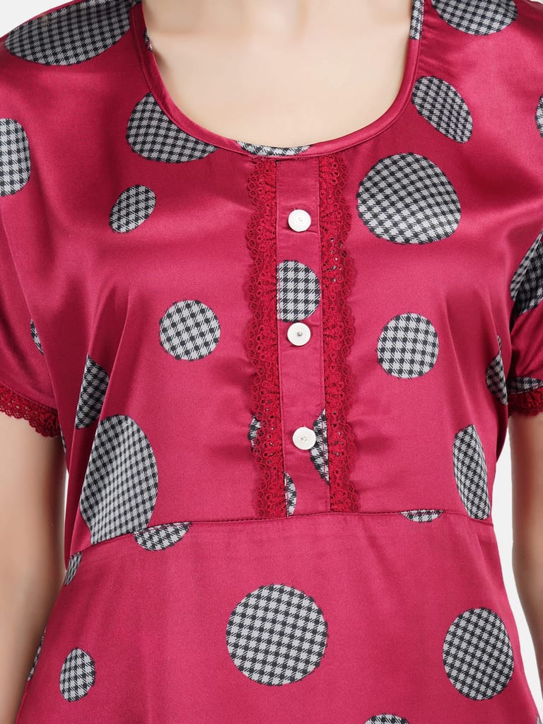 KOI SLEEPWEAR Women's Satin Nighty Frock Checks / Maxi Night Gown for Women - Maroon